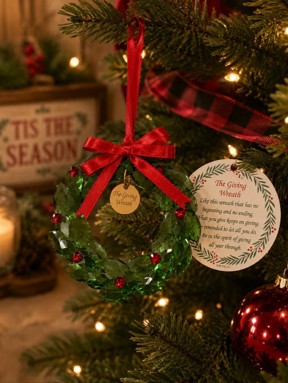 Holiday Giving Wreath Ornament with Red Ribbon